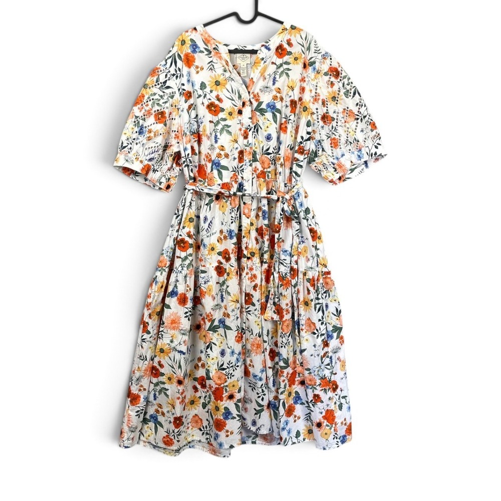 Floral Split Neck Button Front Short Sleeve Belted Maxi Dress 2X Cottagecore